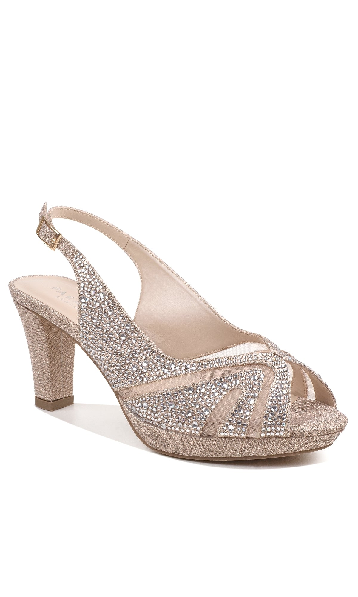 Linda Champagne Glitter Prom Shoes: Paradox London P2236—beige open-toe slingbacks with sparkling rhinestone embellishments, 3-inch mid heels, and an adjustable ankle strap.